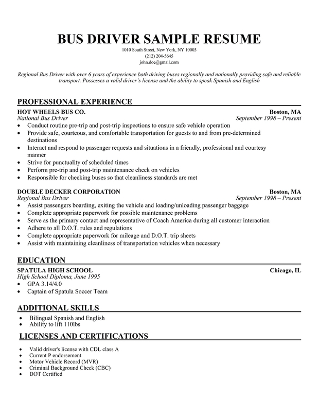 Transport driver resume sample